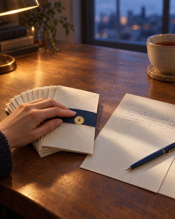 Am Abend: eine Hand legt die Banderole um einen Brief an sich selbst