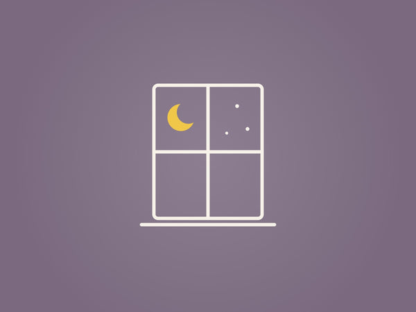 Zeichnung: ein Fenster am Abend mit gelbem Mond