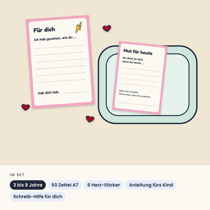 Brotdosen-Set: Im Set 50 Zettel A7, 6 Herz-Sticker, Anleitung fürs Kind und Schreib-Hilfe, für 3 bis 8 Jahre (Visualisierung)