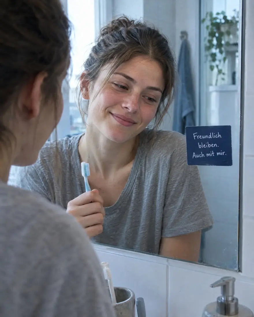 Am Morgen danach liest jemand den Sticker am Spiegel und lächelt
