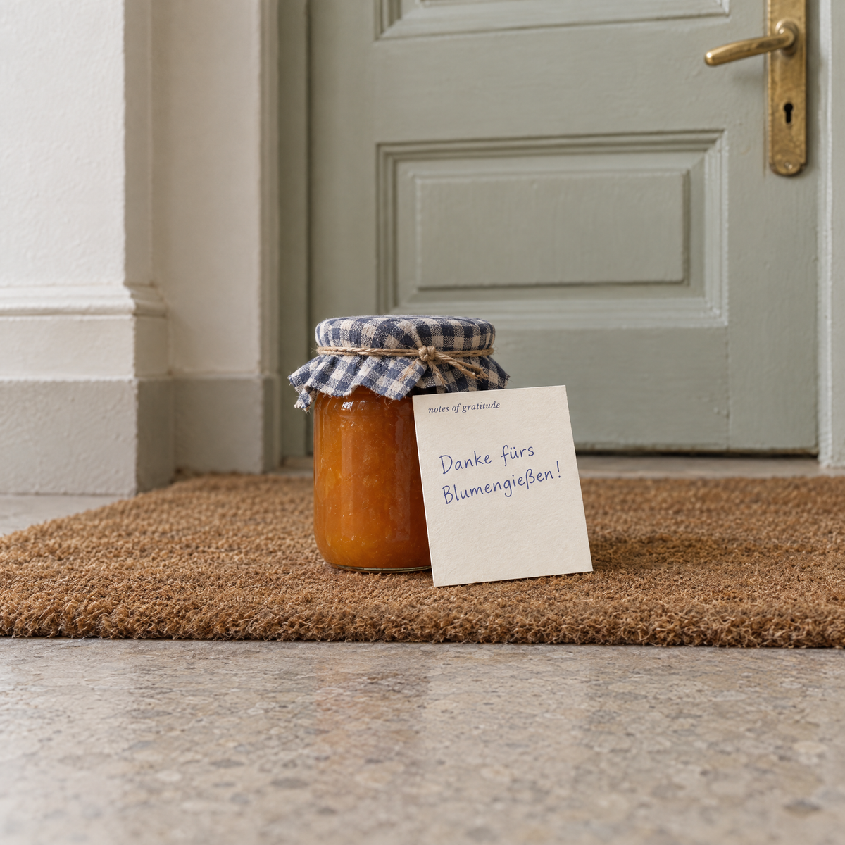 notes of gratitude am Marmeladenglas vor der Tür: Danke fürs Blumengießen (Visualisierung)