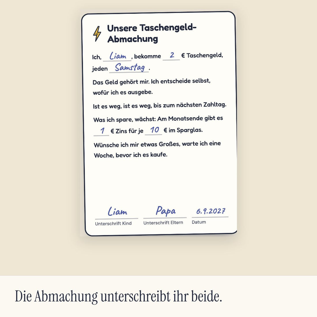 Taschengeld-Abmachung zum Unterschreiben (Visualisierung)
