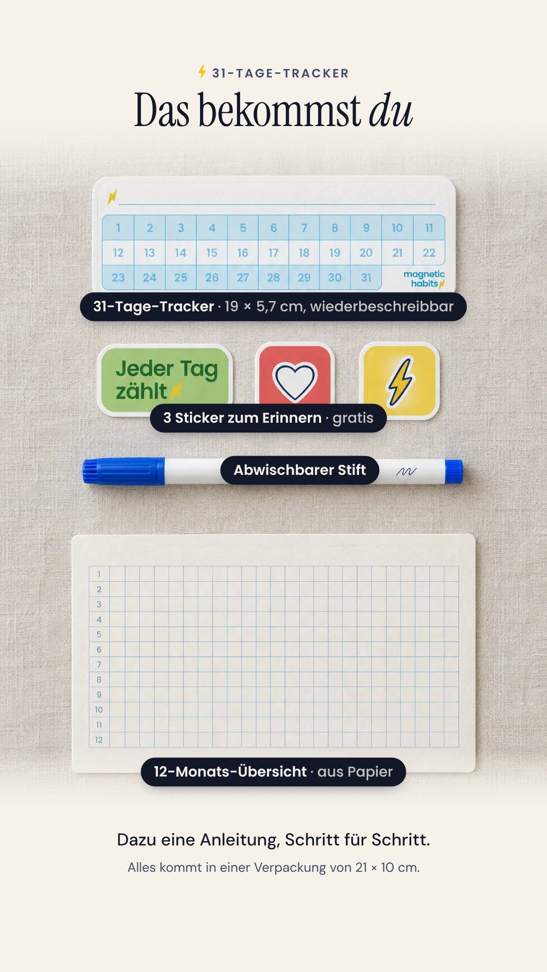 Das bekommst du: 31-Tage-Tracker 19 × 5,7 cm, 3 Sticker, abwischbarer Stift, 12-Monats-Übersicht und Anleitung (Visualisierung)