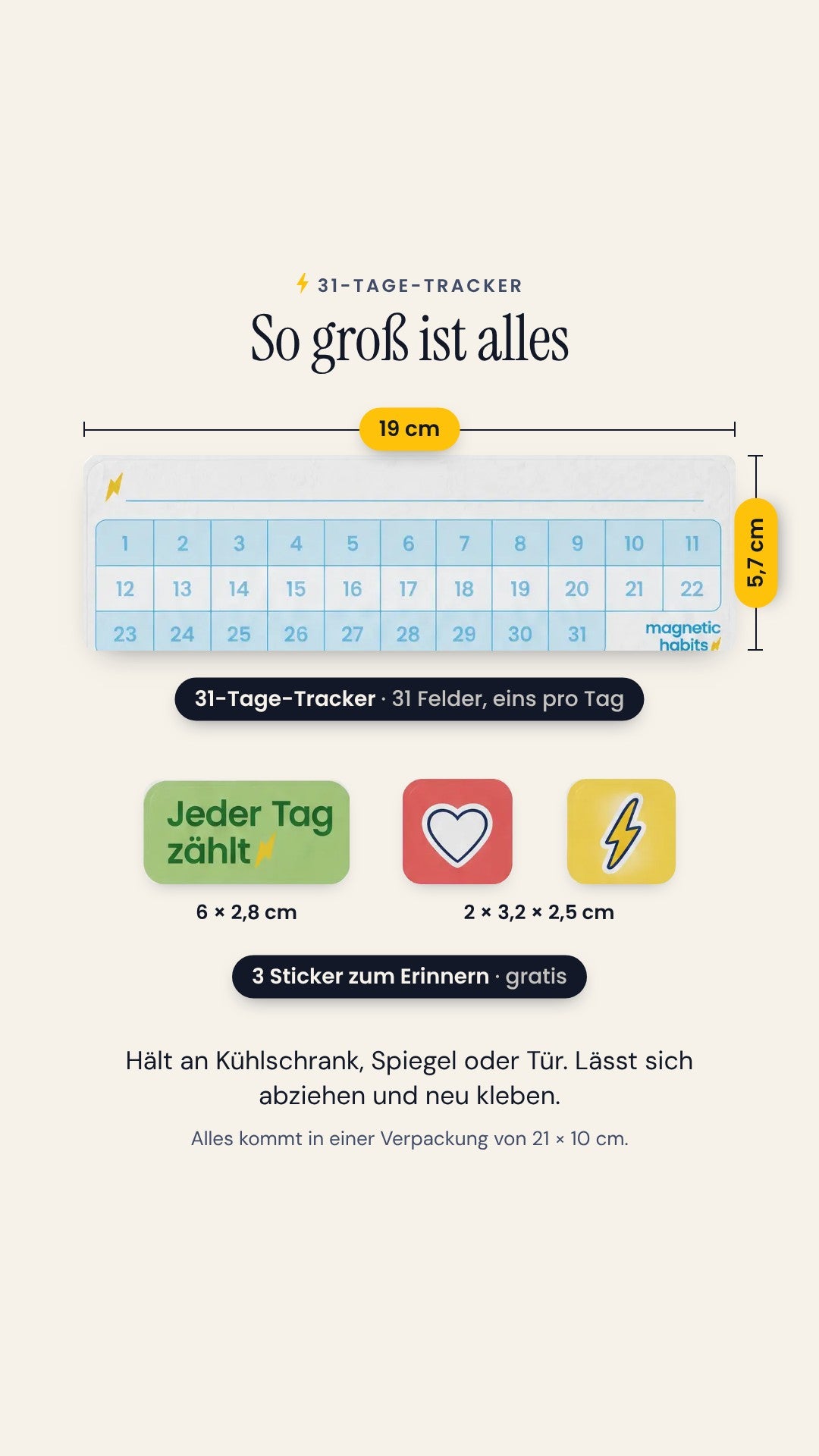 Maße: Tracker 19 × 5,7 cm, Sticker 6 × 2,8 cm und 3,2 × 2,5 cm (Visualisierung)