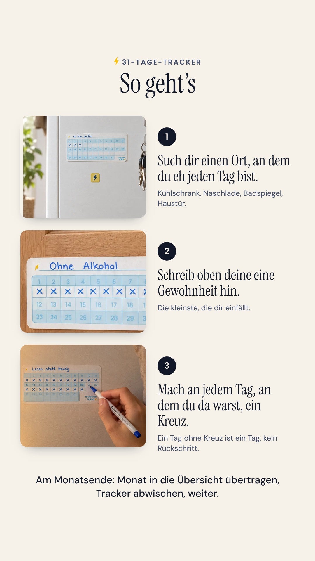 So geht’s: Ort wählen, Gewohnheit oben hinschreiben, jeden Tag ein Kreuz (Visualisierung)