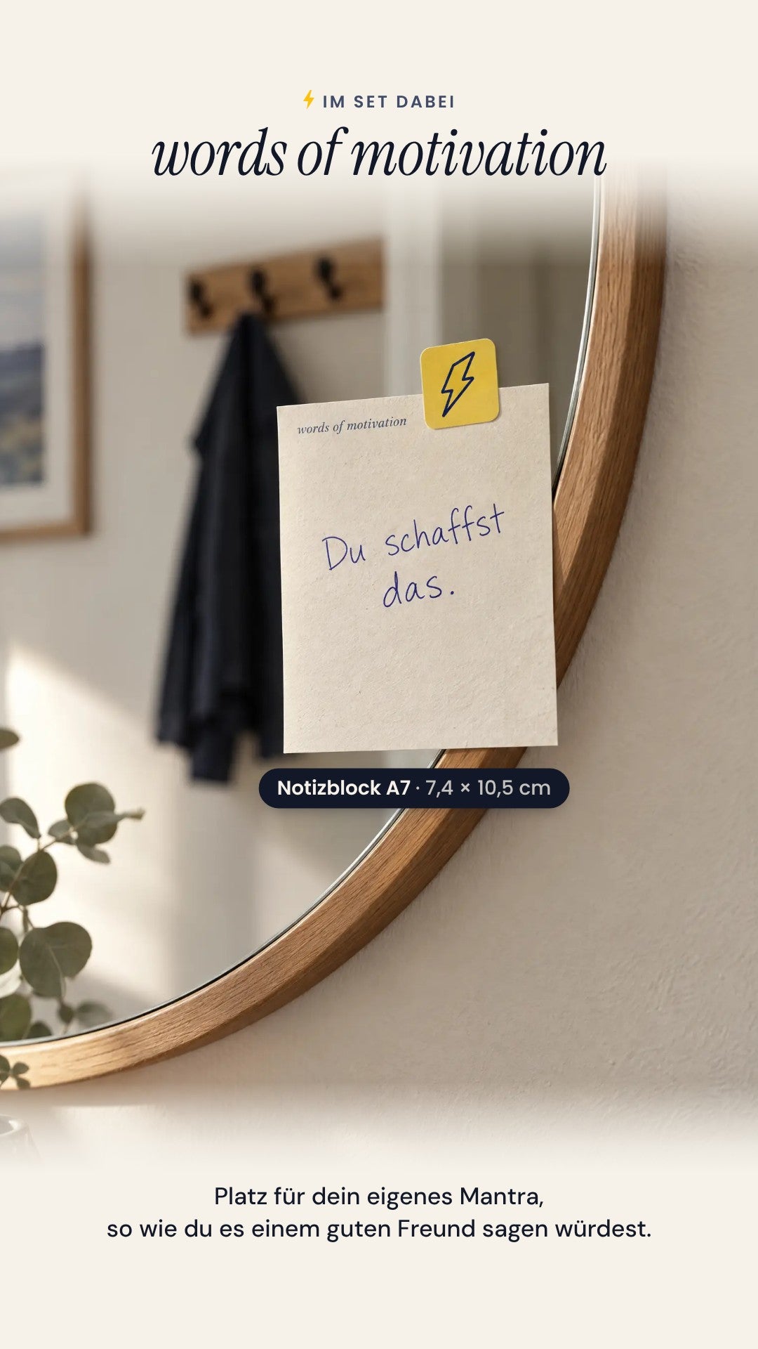 Im Set dabei: words of motivation, Notizblock A7, 7,4 × 10,5 cm (Visualisierung)