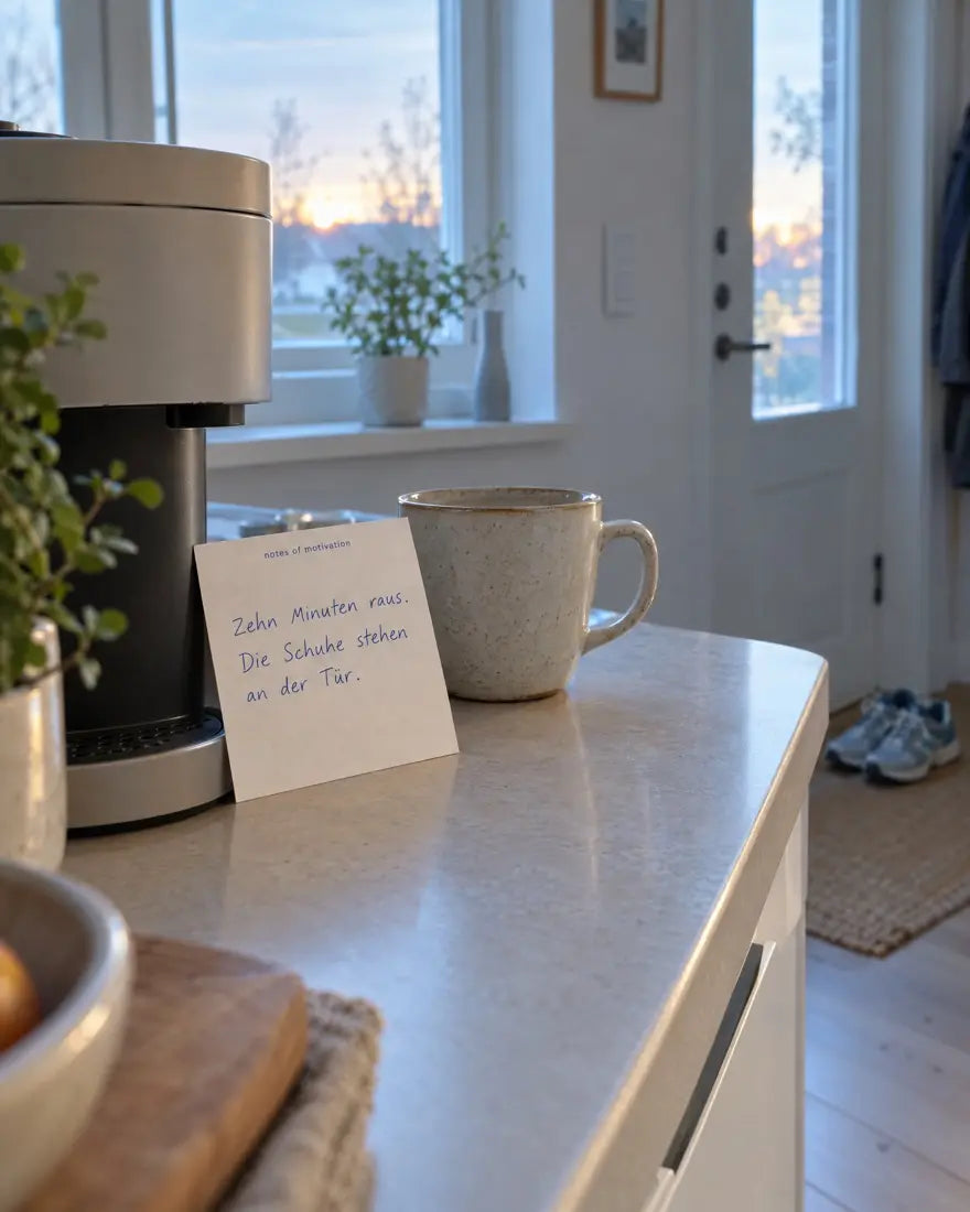 Eine Note mit einem handgeschriebenen Satz lehnt an der Kaffeemaschine