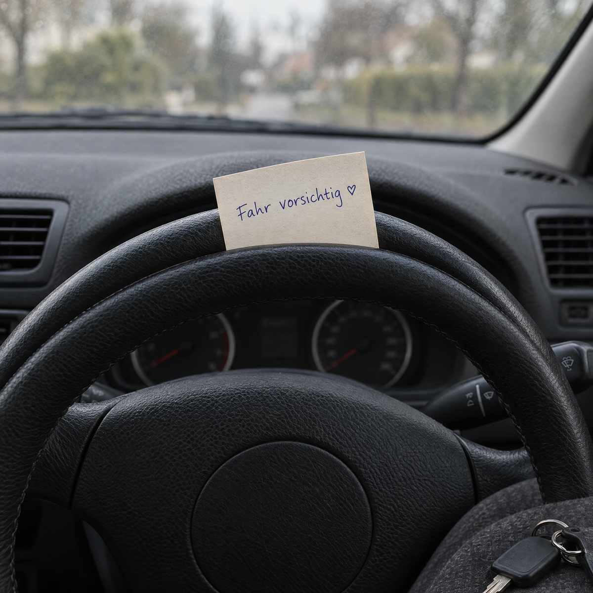 Eine Note am Lenkrad: Fahr vorsichtig